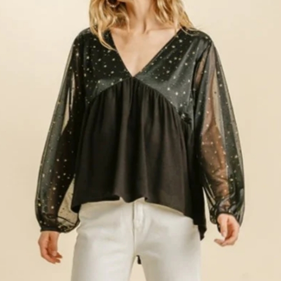 UMGEE Peasant Blouse Ballon Sheer Sleeve Plunge Neck Casual Top Gold Accent Sz M - Picture 9 of 12